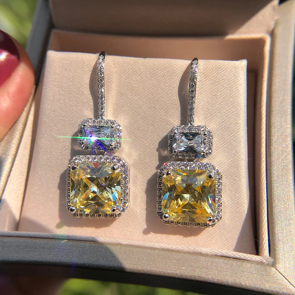PANSYSEN Original Top Brand Yellow Dangle Drop Earrings For Women Luxury White Gold Color Silver Fine Jewelry Earring Gift