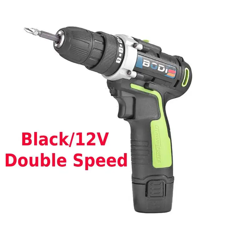 Black 12V 12 В Мини Беспроводная электрическая дрель, двойная скорость сверления, шуруповерт, набор электрических инструментов, сверла для металла, набор электроинструментов - Цвет: Black 12V