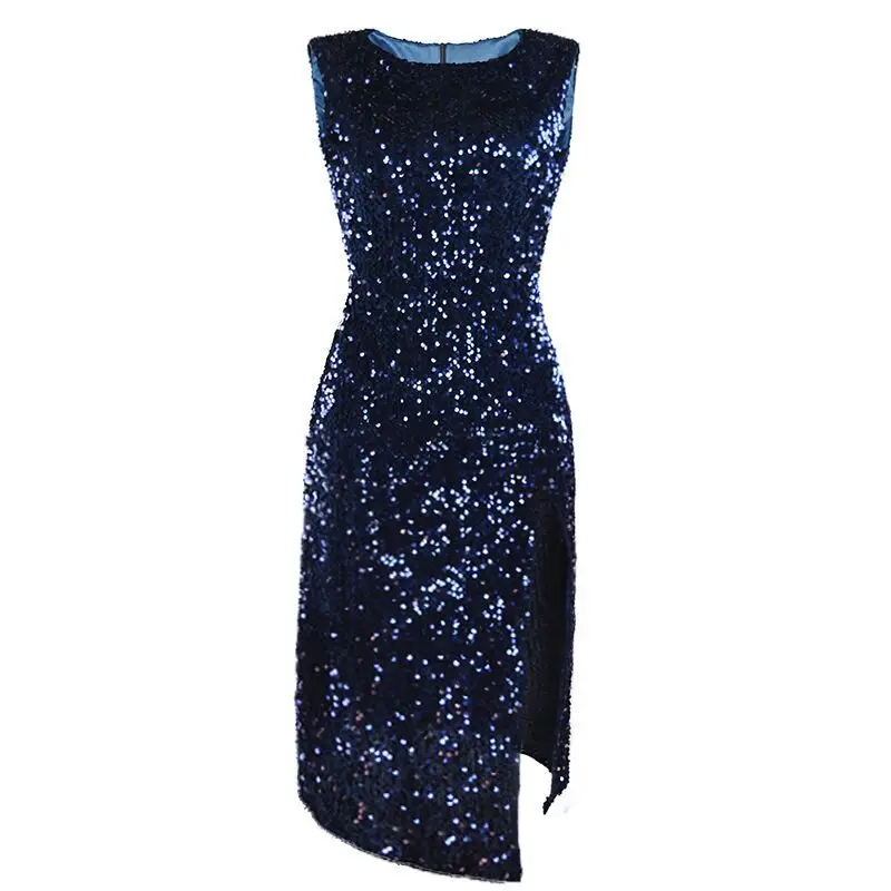 Женское элегантное сексуальное облегающее длинное Макси платье с круглым вырезом без рукавов с разрезом до бедра и блестками - Цвет: Синий