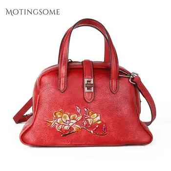 

National style Genuine Leather Tote Bag Embossing Flowers Women Handbag In Natural Calfskin Luxury Cowhide Bags Shopper Bag 2020