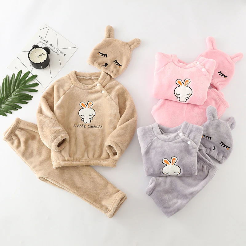 Kids Flannel Pajamas Sets Children Toddler Boys Girls PJS Thick Warm Top and Pants with Hat Fall Autumn Winter Sleepwear