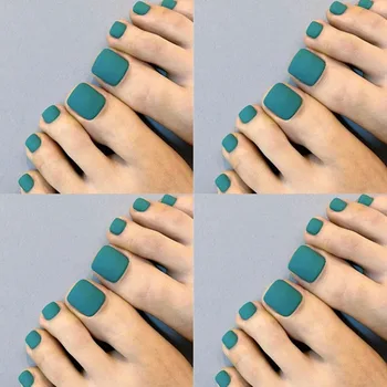

24pcs/box Peacock Blue Matte Nails Square Head Short Paragraph Manicure Accessorie Summer Bride's Fake Toenail artificial nails