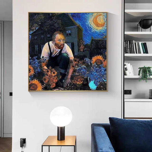 Funny Art Van Gogh with Sunflowers and Blue Starry Sky Printed on Canvas 3