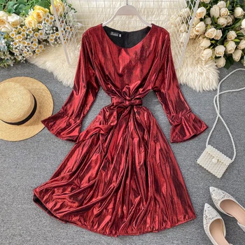 

Teeuiear Vintage 2020 Bandage Autumn Dress Winter Midi Party Women evening elegant A-line Knee Length Dress Vestido de festa