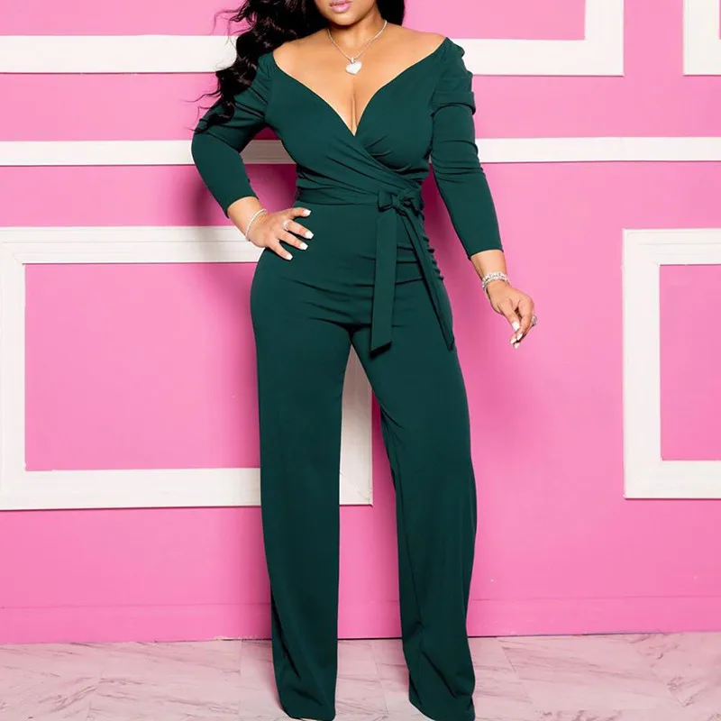 

Plus size long sleeve rompers womens jumspuit Sashes wrap wide leg pants Elegant v neck overalls for woman Solid color palysuits