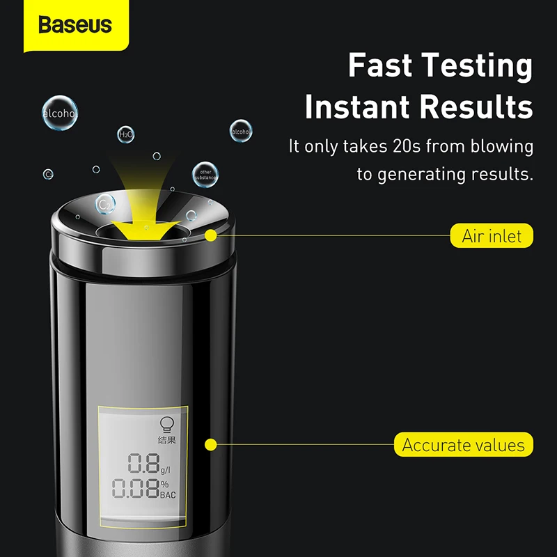 Baseus LED Digital Alcohol Tester USB Rechargeable Breathalyzer Highly Sensitive Sensor
