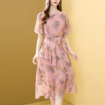 

Gedivoen Summer Cascading Ruffle Midi Dress Women Flare Sleeve Leaves Print Asymmetrical Dress Elegant Fashion Designer Dresses