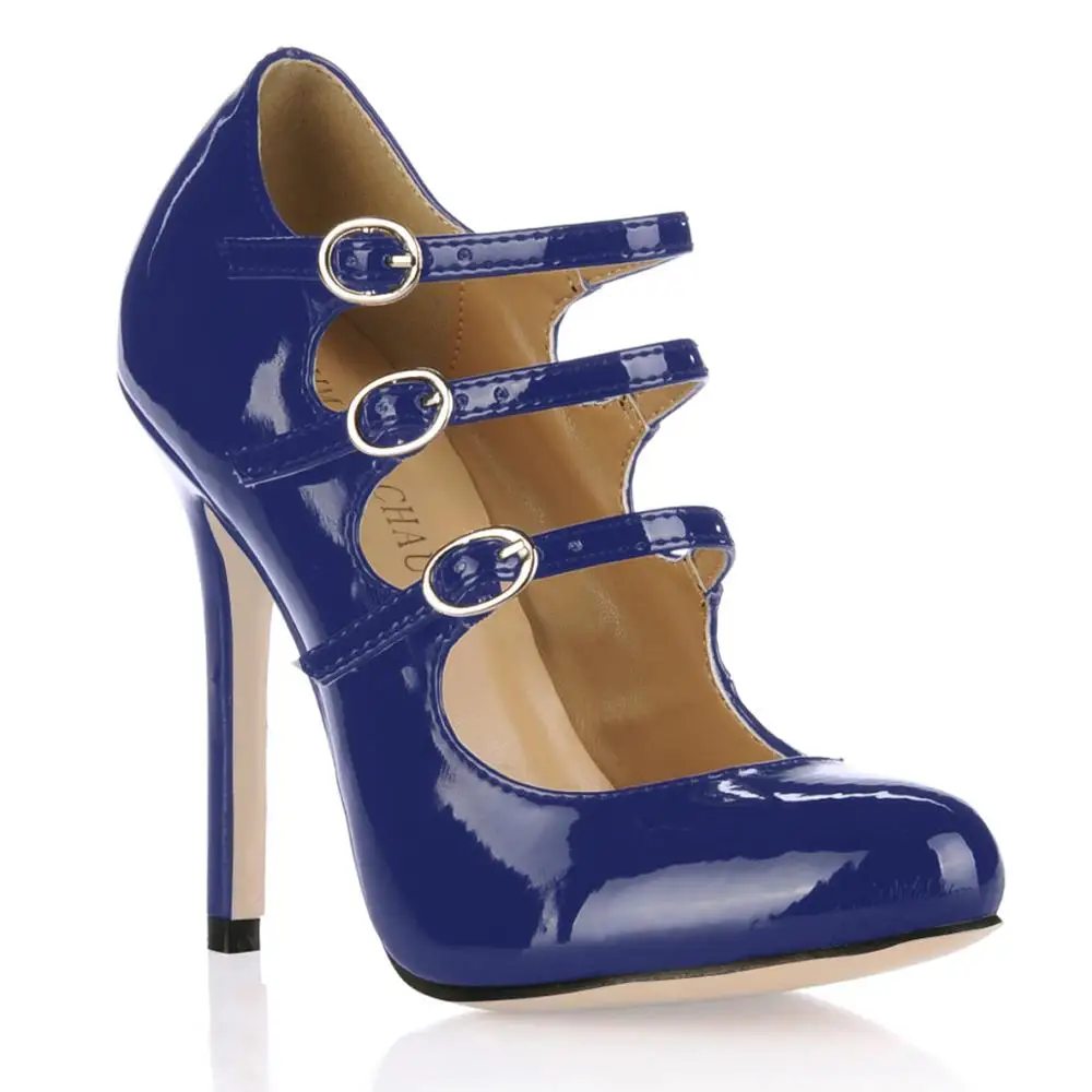 Лакированные вечерние туфли-лодочки с круглым носком на высоком каблуке-шпильке с пряжкой и ремешками; Chaussure Escarpins Femmes Bout Rond Talon Haut YJ0640C-b1 - Цвет: Dark Blue Patent