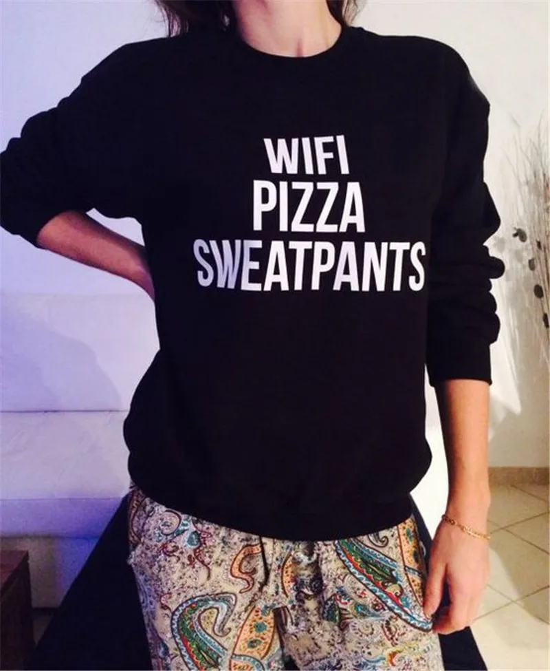 Wifi PIZZA тренировочные штаны, Женская толстовка с белым буквенным принтом и круглым вырезом, повседневная черная толстовка с капюшоном на осень и зиму, пуловеры
