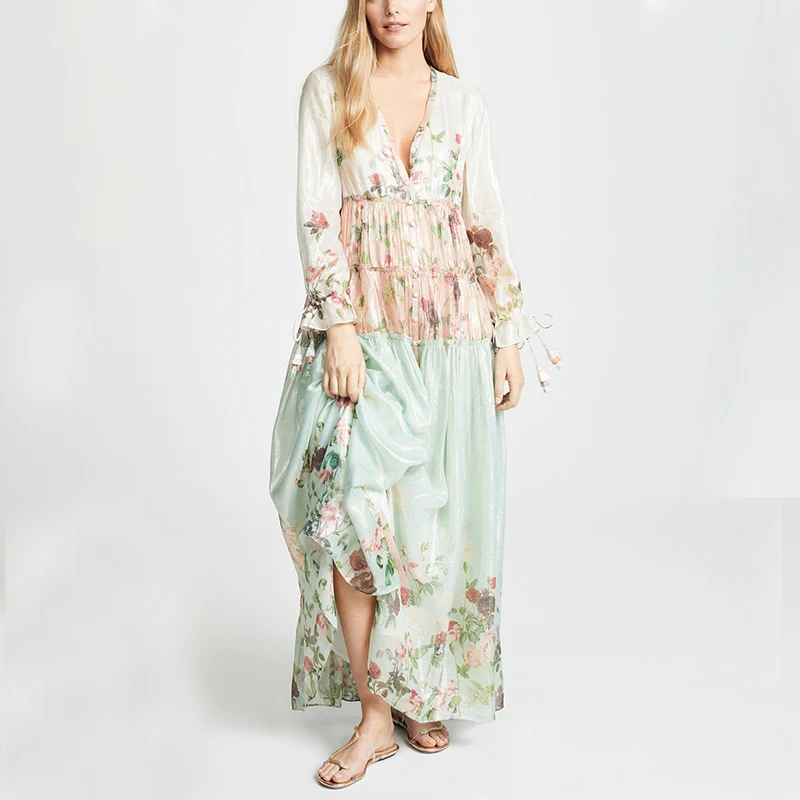 New Women Dresses Bohemian Print Summer Dress Short Sleeve Ruffled Long Maxi V-neck Elegant Ladies Vestidos | Женская одежда