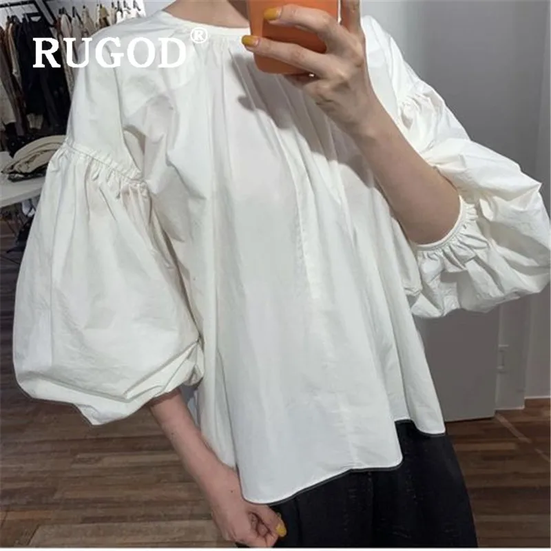 RUGOD, Новое поступление, Корейская женская рубашка, белая, с круглым вырезом, с пышными рукавами, свободная рубашка, модная, женская, элегантная, милая, для девушек, кавайные Топы