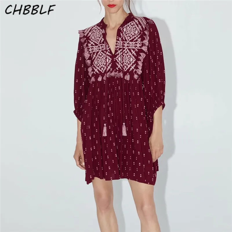 

CHBBLF women embroidery mini dress tassle tie V neck pleated female wine red casual chic dresses vestidos BGB9462