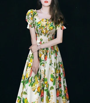 

Dress 100% Cotton omen's Vintage One Shoulder Elastic Waist Cotton Flower Cluster Printed Lantern Sleeve Dress N6