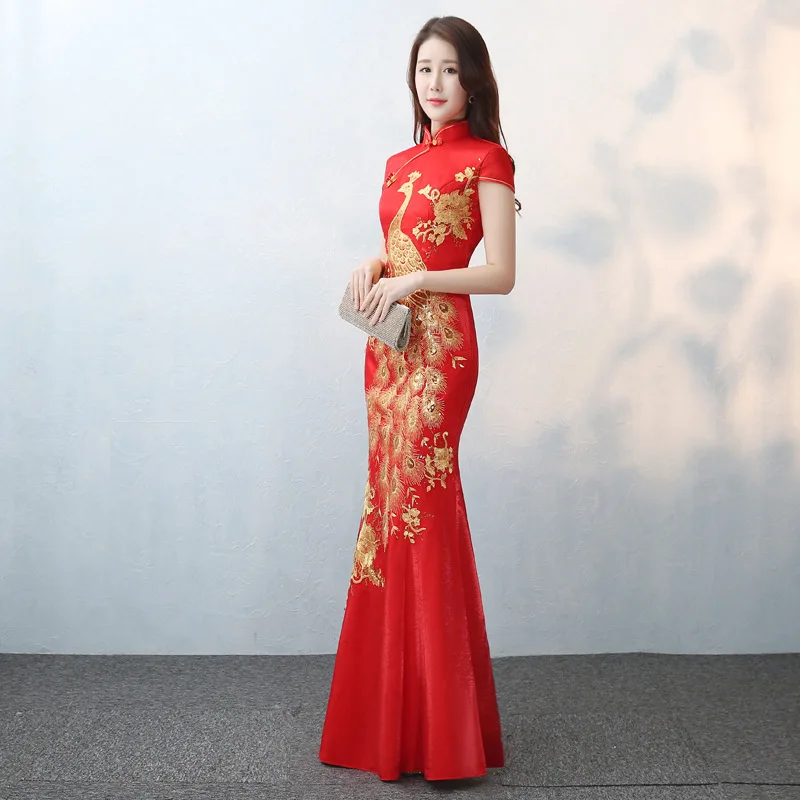Элегантное длинное женское свадебное платье Qipao, сексуальное тонкое женское вечернее платье, изысканное блестящее платье с павлином