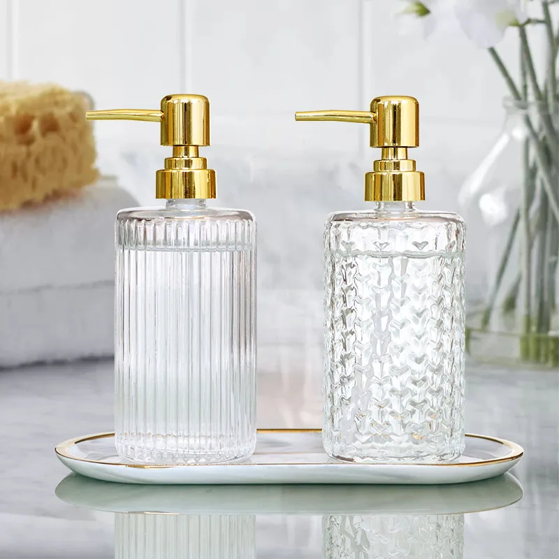 400ml Glass Lotion Hand Sanitizer Bottle Stripe Pump Head Gold Push Body And Soap Liquid Bathroom Storage_voghion.com