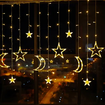 3.5M Star Moon Led Gordijn String Light Kerst Ramadan Garland Light Romantische Vakantie Verlichting Voor Wedding Party Decor