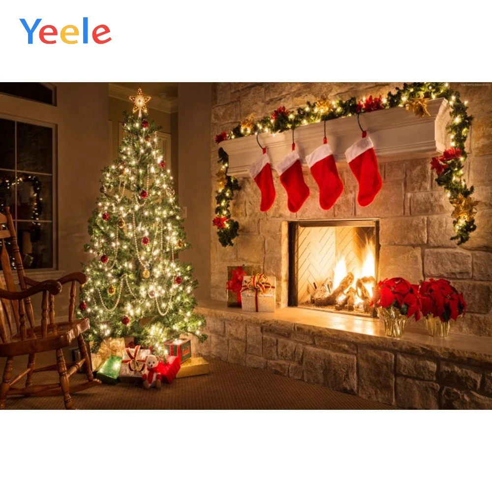 Фотофон Рождественская елка фон для интерьера камин носок огонь на заказ