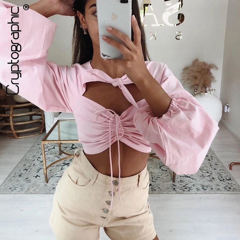 

Cryptographic Drawstring Ruched Women Tops and Blouse Shirts Bubble Long Sleeve Summer Sexy Crop Top Pink Shirt Blouses Elegant