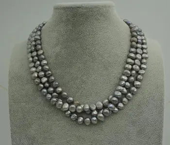 

Unique Pearls Jewellery 3 rows 8mm Gray Baroque Genuine Freshwater Pearl Necklace Charming Wedding Birthday Love Women Gift