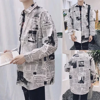 

Tops Splicing Slim Fit Daily Newspaper Printing Boy Square Neck Long Sleeve Spring Male Clothes Men Shirts Cotton Blend Fashion