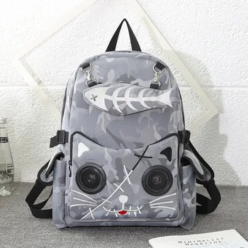 

Black Speaker Rucksack Backpack School Bag Waterproof Audio Gothic Cat Camouflage Large Capacity Unisex