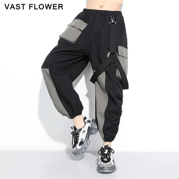 

Patchwork ribbon contrast color harem pants women new pocket elastic waist 2020 spring summer fashion loose casual trousers