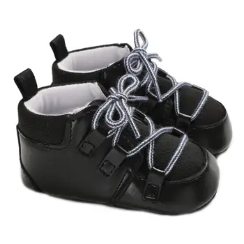 

Baby Boy Girls Faux Leather Patchwork Sneakers Soft Sole Anti Slip Stripes Lace-up Solid Color Toddler Prewalker Crib Shoes 0-1T