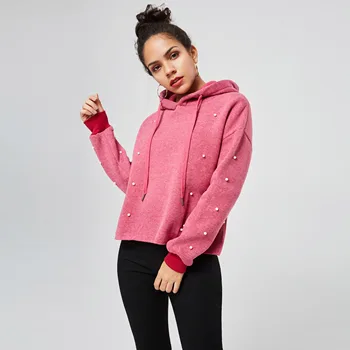 

Simple Bead Decor Pullover Women's Hoodie Casual Sports Fleece Girls Hooded Sweatshirt Fashion Spring Fall Female Loose Tops