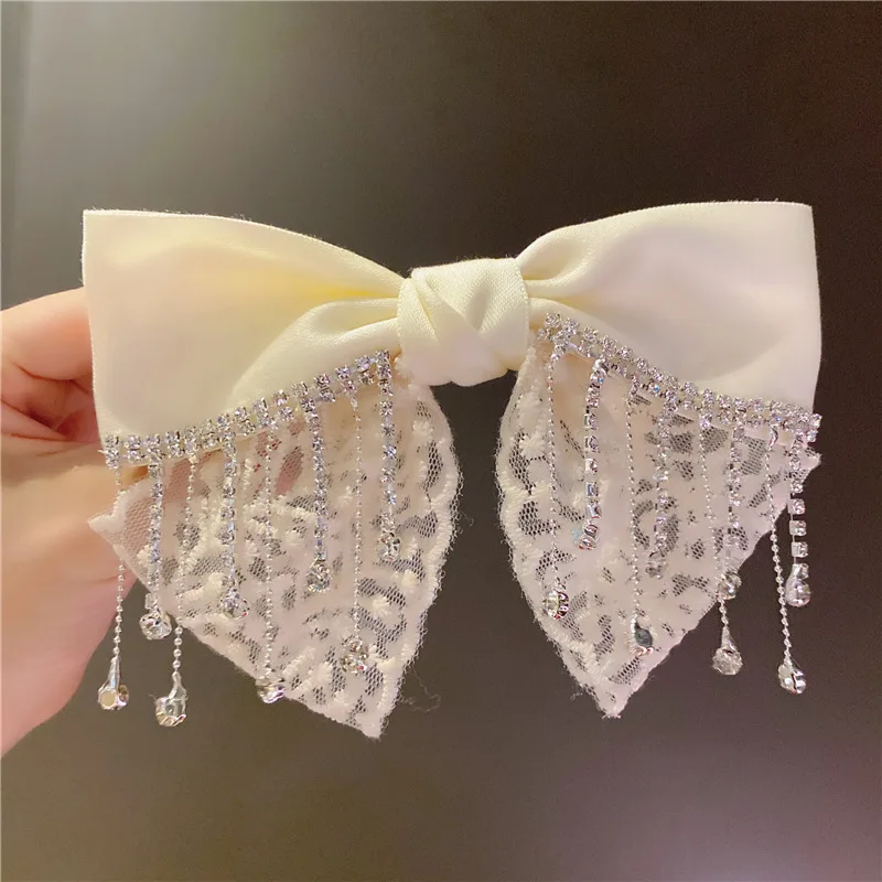 Retro Embroidered Lace Bow Hairpin for Women Girls Crystal Rhinestone Chain Tassel Spring Clip Hairgrip Jewelry Hair Accessories