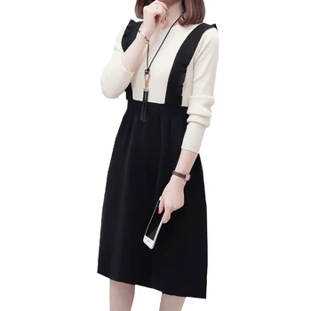 

2020 Spring Autumn Black Casual Fake Two Piece Party Dress Elegant Pullover Long Sweater For Women Straight Dress Plus Size 4XL