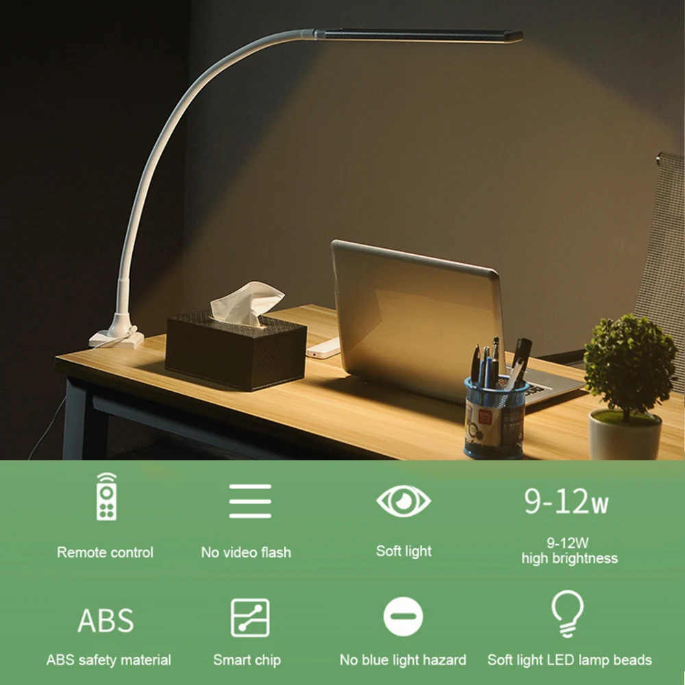 LED Desk Lamp Long Arm Dimmable Touch Table Lamp  Flexible Clip Office Eye Protection Reading Night light For Bedroom Study Work