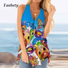 fartey Womens V-Neck T-Shirts Sleeveless Printing Tank Tops Zipper Loose Fit Pullover Summer Streetwear