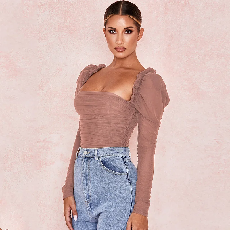LIANNUO женское элегантное Двухслойное Сетчатое боди с рюшами Топ футболки Длинные Пышные рукава короткие комбинезоны костюмы наряды Боди