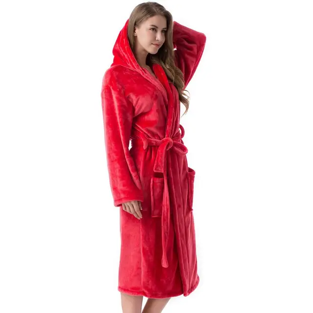 2020 Winter Kimono Robe Plush Fleece Bath Robes For Women Soft Warm Long Sleeve Hooded Nightgown Loungewear Sleepwear Red