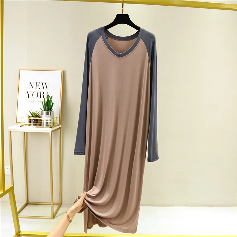 Spring Long Sleeve Nightgowns Women V-neck Modal Sleepshirts LeisurePatchwork Lounge Wear Breathable Simple Pregnant Nightwear