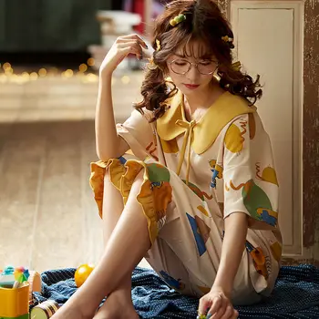 

Women Cotton Pajama Set Summer Nightwear Female Short Sleeve sleepwear Set Homewear Comfortable Casual Cute Home Suit 2020