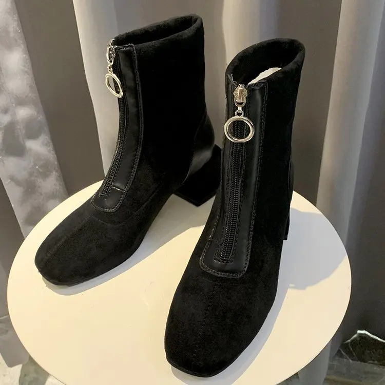 Женские ботинки средней высоты на квадратном каблуке; Zapatos de mujer; модные однотонные Ботинки martin из флока; повседневные женские ботинки «Челси»; короткие плюшевые ботинки