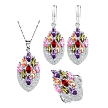 

MultiColor Topaz Amethyst Sapphire Garnet Jewelry Set for Women 925 Silver Ring Necklace Pendant Wedding Jewelry