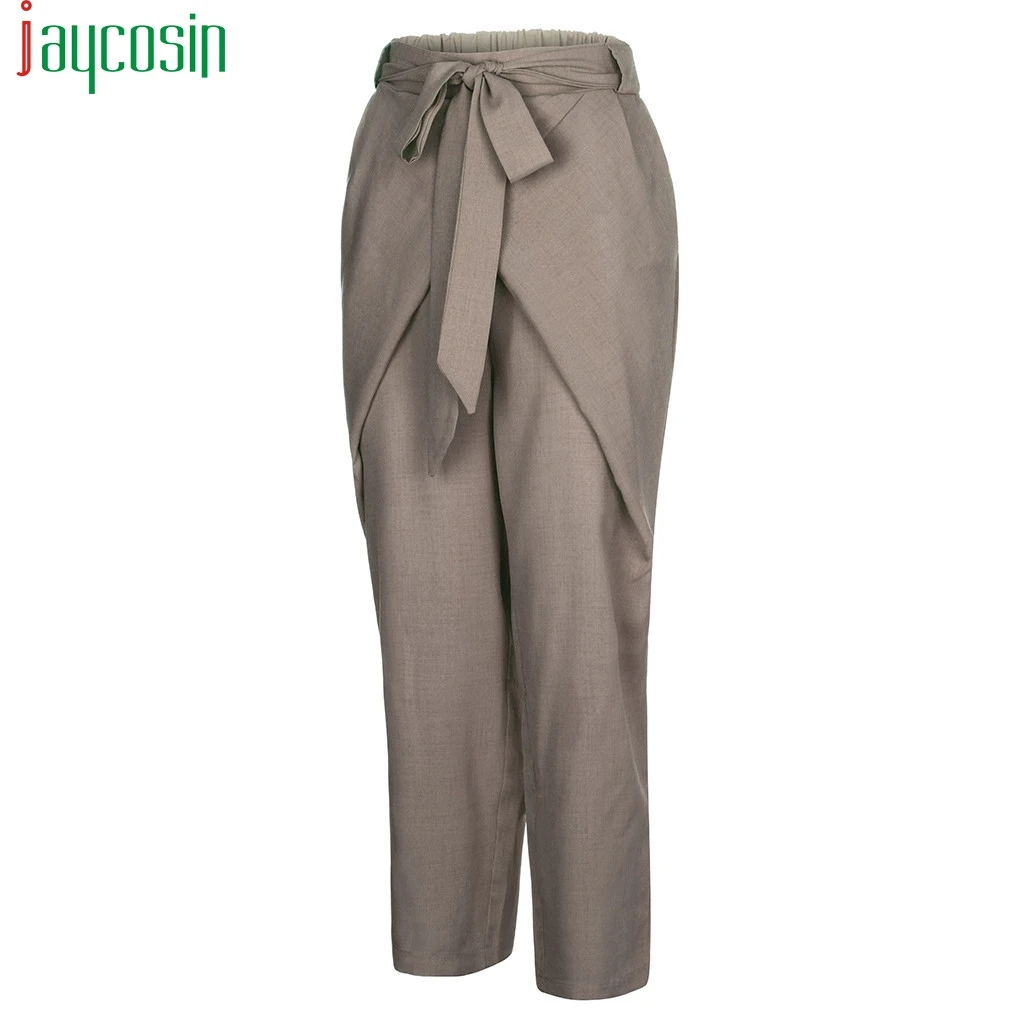 

Women Linen Casual Slim Chiffon Pants High Waist Black Khaki Green Plus Size Loose Wide Leg Belt Knotted Trousers Ladies Pants