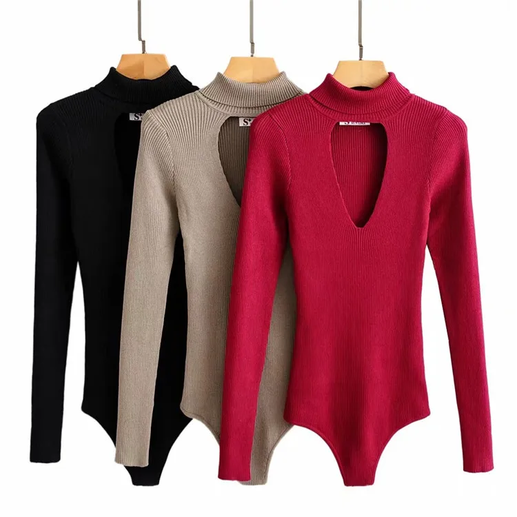 Популярный женский боди вязаный пуловер с вырезами цельнокроеный свитер высоким
