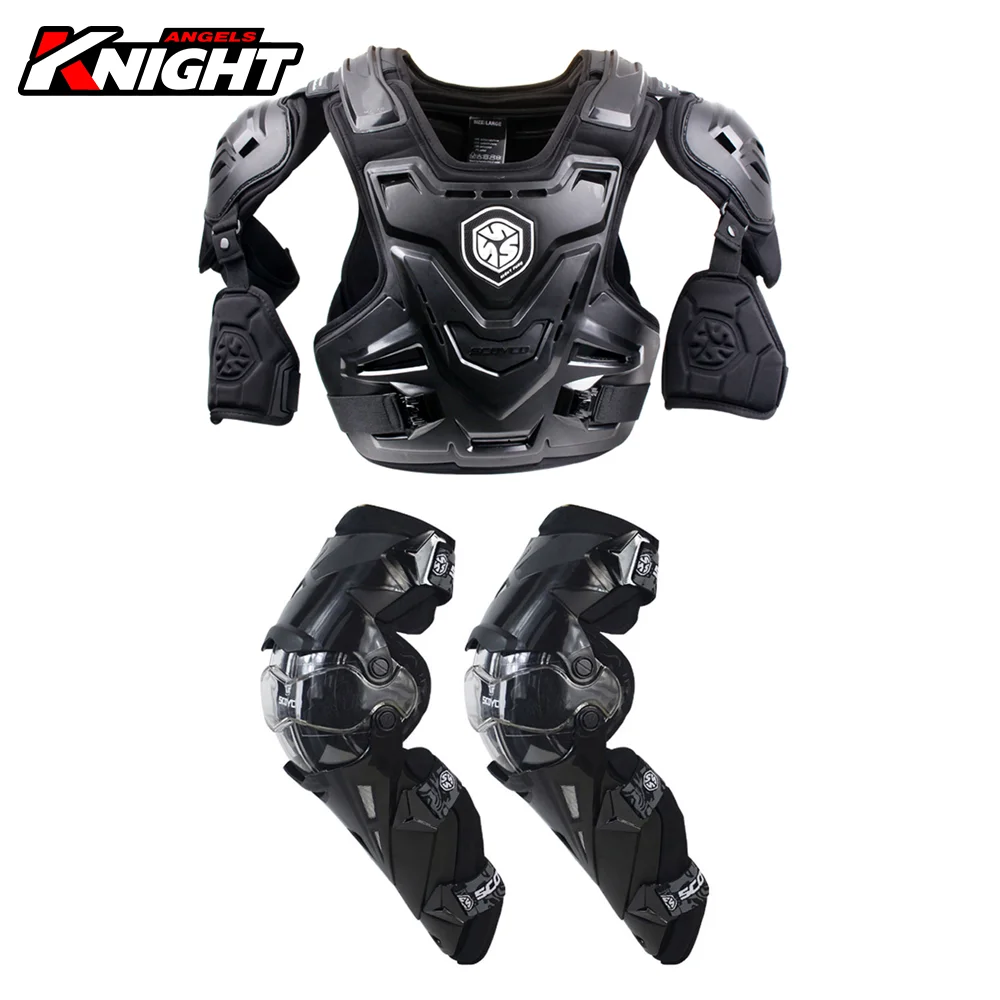 SCOYCO Motorcycle Armor CE Motocross Chest Back Protector Moto Protection Riding Protective Gear Armor + Kneepad 2-piece Set