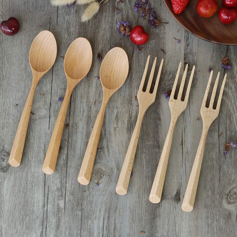 

Wooden Fork and Spoon Set Natural Wooden Tableware Handmade Wooden Spoon Suitable for Pasta Dinner Tea Salad Dessert Potato Chip