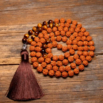Natural Rudraksha 108 Japamala Necklaces Knotted Tiger Eye Yoga Meditation Buddha Mala Necklace For Women Pendant With Tassel