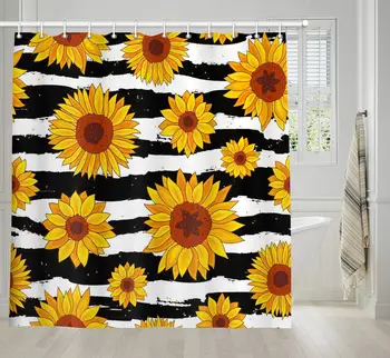 

Autumn Sunflowers Shower Curtain, Black and White Stripes with Watercolor Flowers Design for Bathroom Autumn Decor, Floral