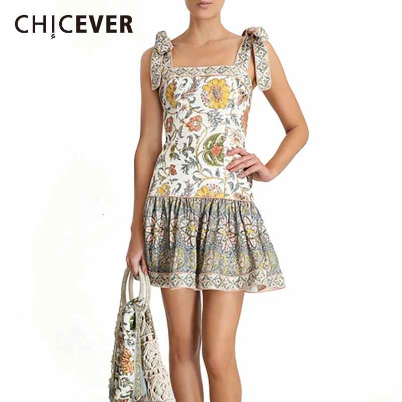 

CHICEVER Print Patchwork Ruffle Women's Dress Square Collar Spaghetti Strap High Waist Mini Dresses Female 2019 Fashion New Tide