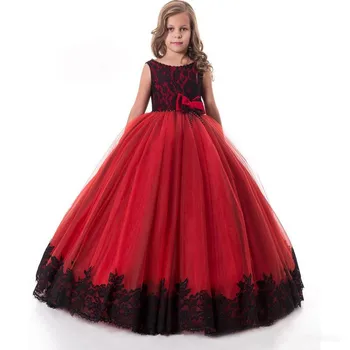 

Red Black Lace Flower Girls Dresses Graduation Dresses for Teens Formal Clothing Bow Girls Dresses Custom Made