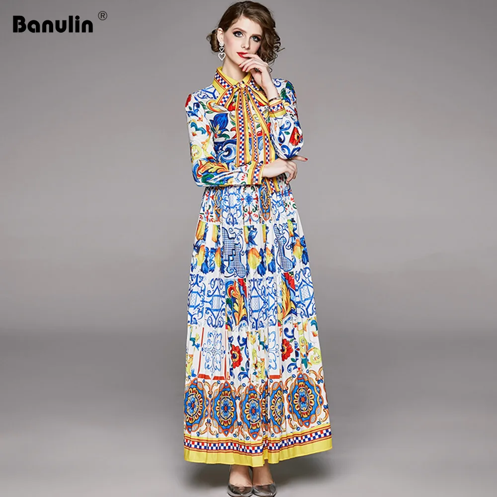 

Banulin 2020 Spring Fashion Designer Maxi Dress Women's Long Sleeve Boho Colorful Flower Bow Print Holiday long Pleated Dress