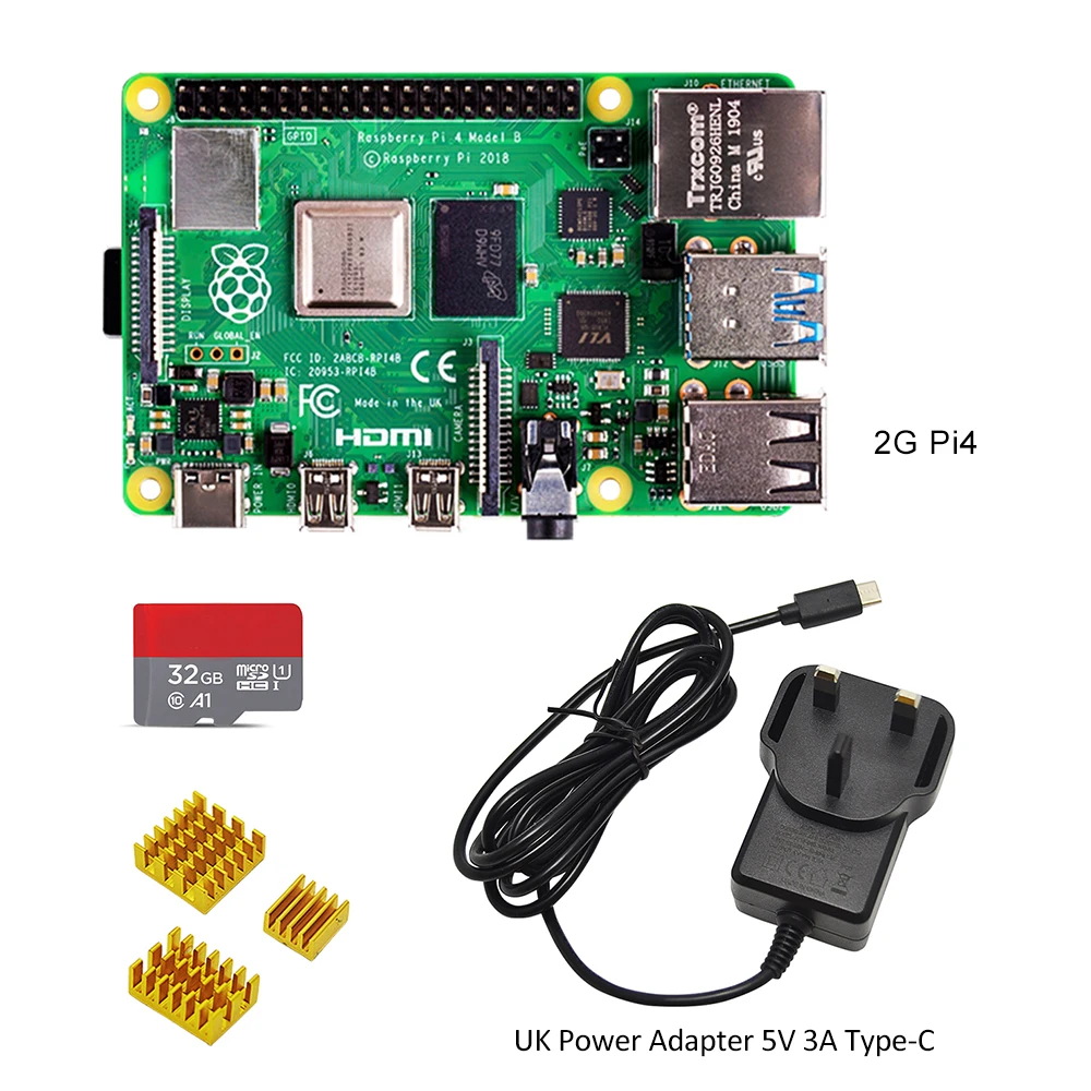 Оригинальная макетная плата Raspberry Pi 4 Модель B 2 Гб ОЗУ+ адаптер питания для ЕС/США 5 в 3 А Блок питания type-C+ радиатор+ sd-карта 32 Гб