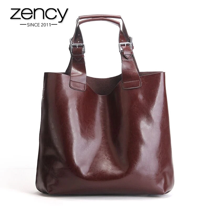 Zency 100% натуральная кожа ретро коричневая Женская сумка женская большая для ноутбука Классическая кофейная