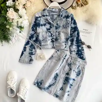 

NiceMix retro 2 Piece Set Women Summer tie-dyed Prints long Sleeve Green paghtti Strap Crop Top With high waist elastic pants